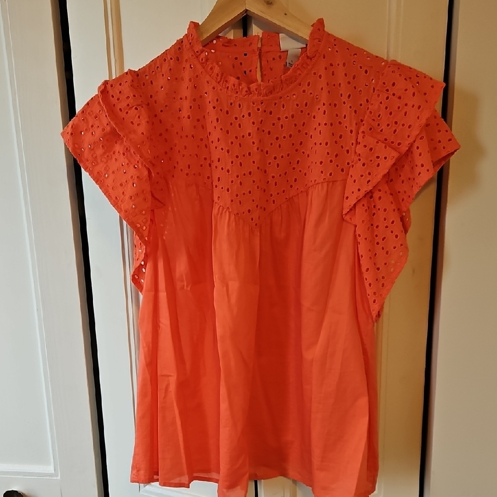 a new day Eyelet Ruffle Sleeve Blouse - Bright Orange